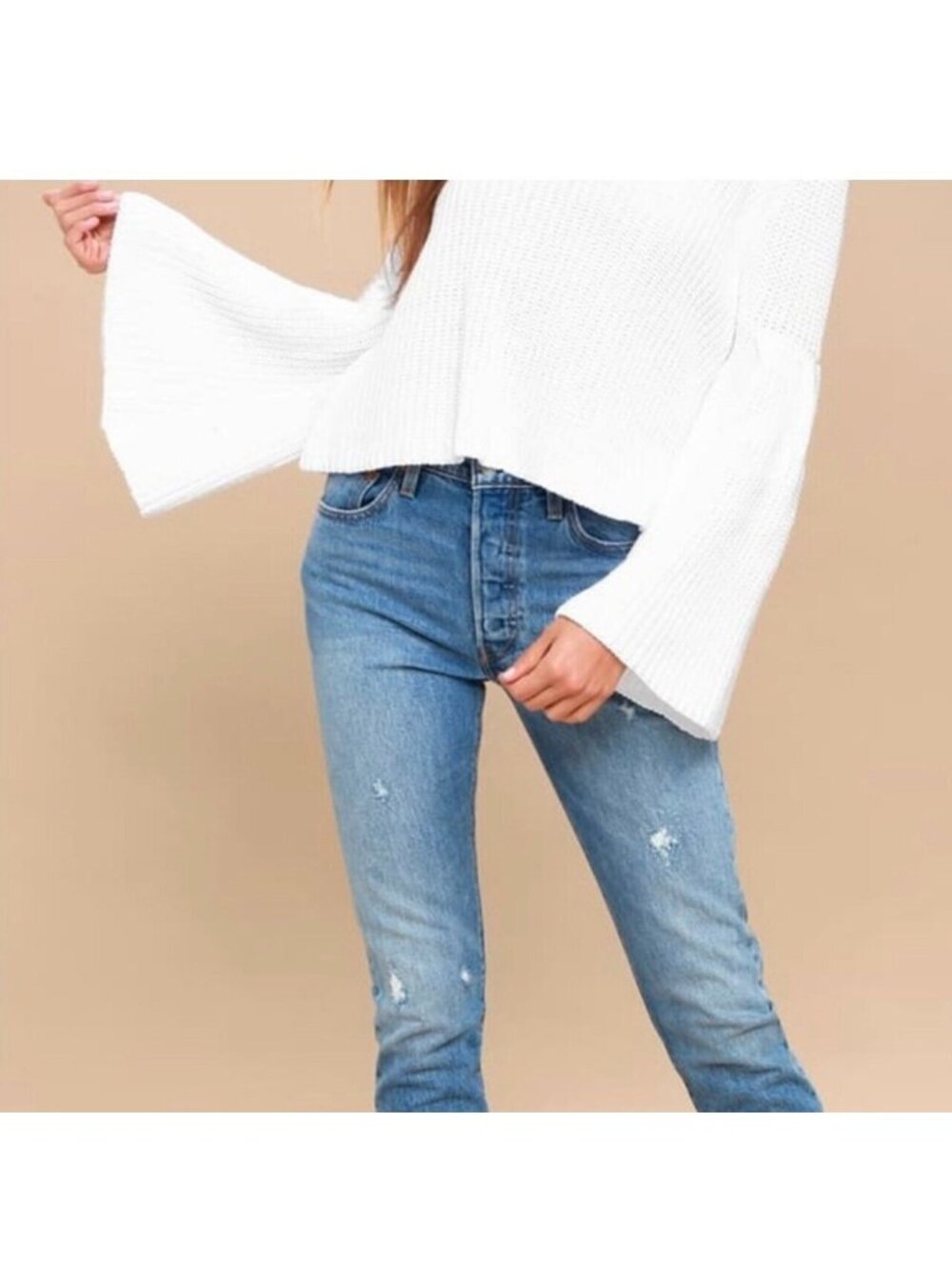 Free People White Cropped Sweater DAMSEL V Neck Knit flared sleeves size small - Picture 12 of 12